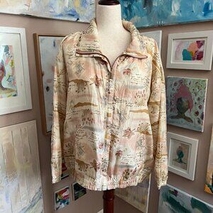 EVR Silk Botanical Garden Script 80s Bomber Jacket Size L Vintage Neutral